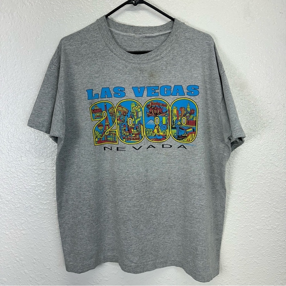 Vintage Las Vegas Y2K T Shirt Gray Size XL Crew Neck Graphic Old Casinos